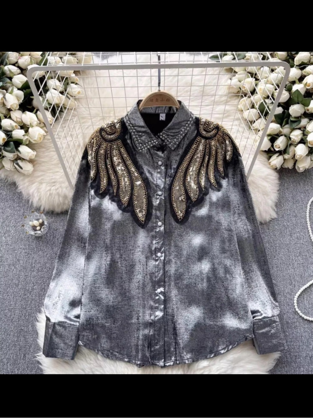 Vintage Silver Sequin Velvet Blouse with Angel Wing Embroidery – XL